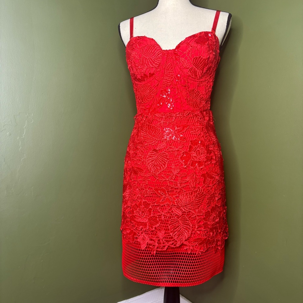 Ark & Co red bustier fishnet lace sequin mini dress M
